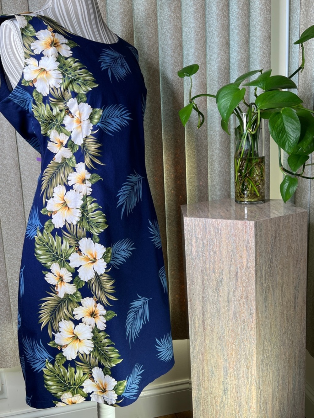 KY’S Hawaiian made Navy Tropical Shift Dress with Floral Trim 100% Cotton S-2XL